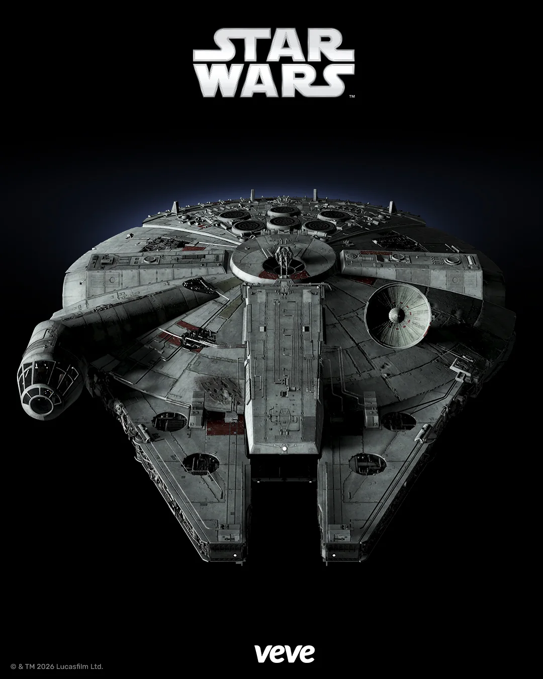 Star Wars Logo über dem Millennium Falcon als VeVe Motiv für digitale Star Wars Collectibles