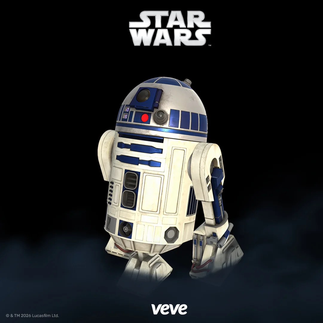 R2-D2 als Star Wars Droid Digital Collectible auf VeVe mit Logo und dunklem Promo-Hintergrund.