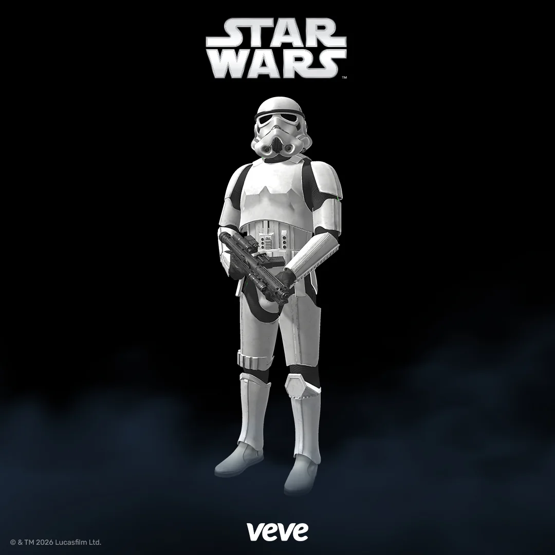 Stormtrooper als Star Wars Digital Collectible auf VeVe mit weißer Rüstung und Blaster im Standmotiv.