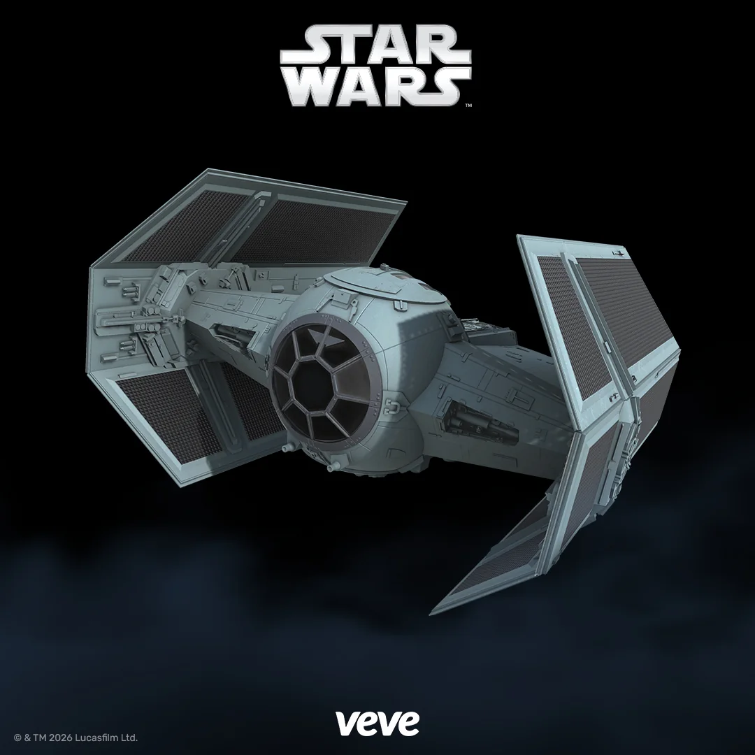 Darth Vaders TIE Fighter als Star Wars Digital Collectible auf VeVe vor dunklem Hintergrund.