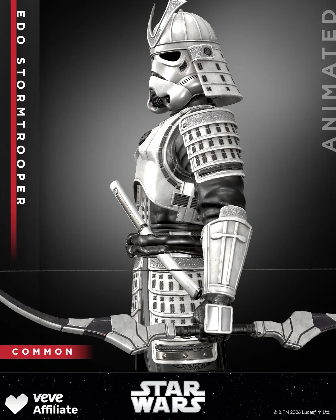 Star Wars Edo Stormtrooper in seitlicher Ansicht mit Bogen, Common-Rarität und VeVe Affiliate Branding.