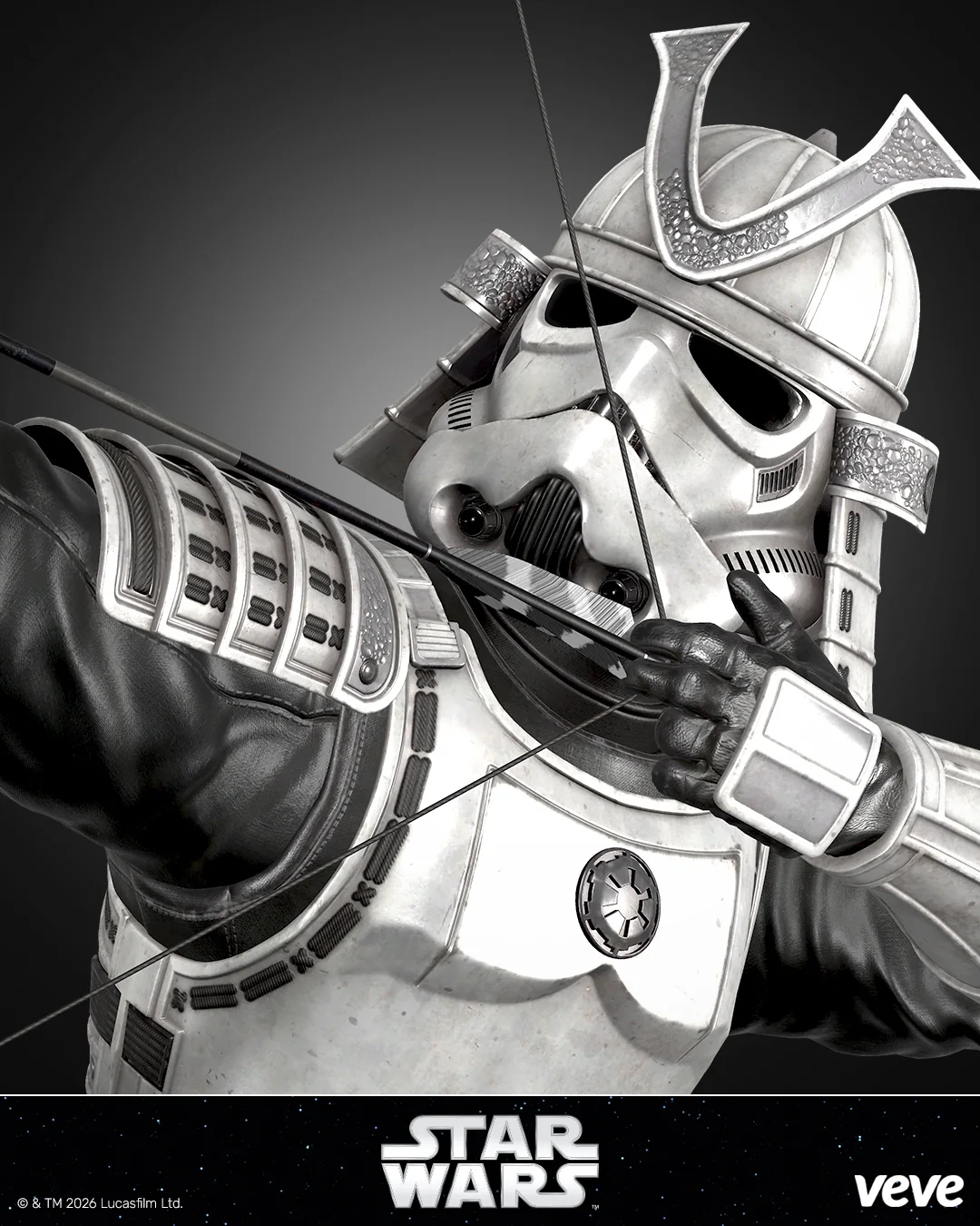 Nahaufnahme des Star Wars Edo Stormtrooper mit Helm, Brustpanzer und gespanntem Bogen als Detailmotiv.