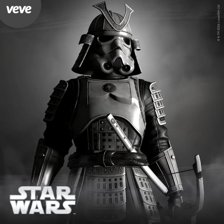 Star Wars Edo Stormtrooper als digitales VeVe Collectible in Edo-inspirierter Rüstung mit Helm und Bogen.