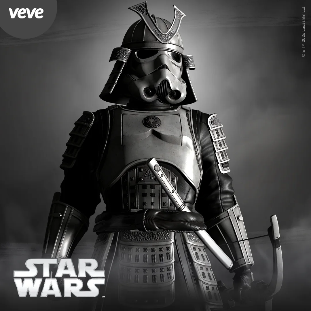 Star Wars Edo Stormtrooper als digitales VeVe Collectible in Edo-inspirierter Rüstung mit Helm und Bogen.