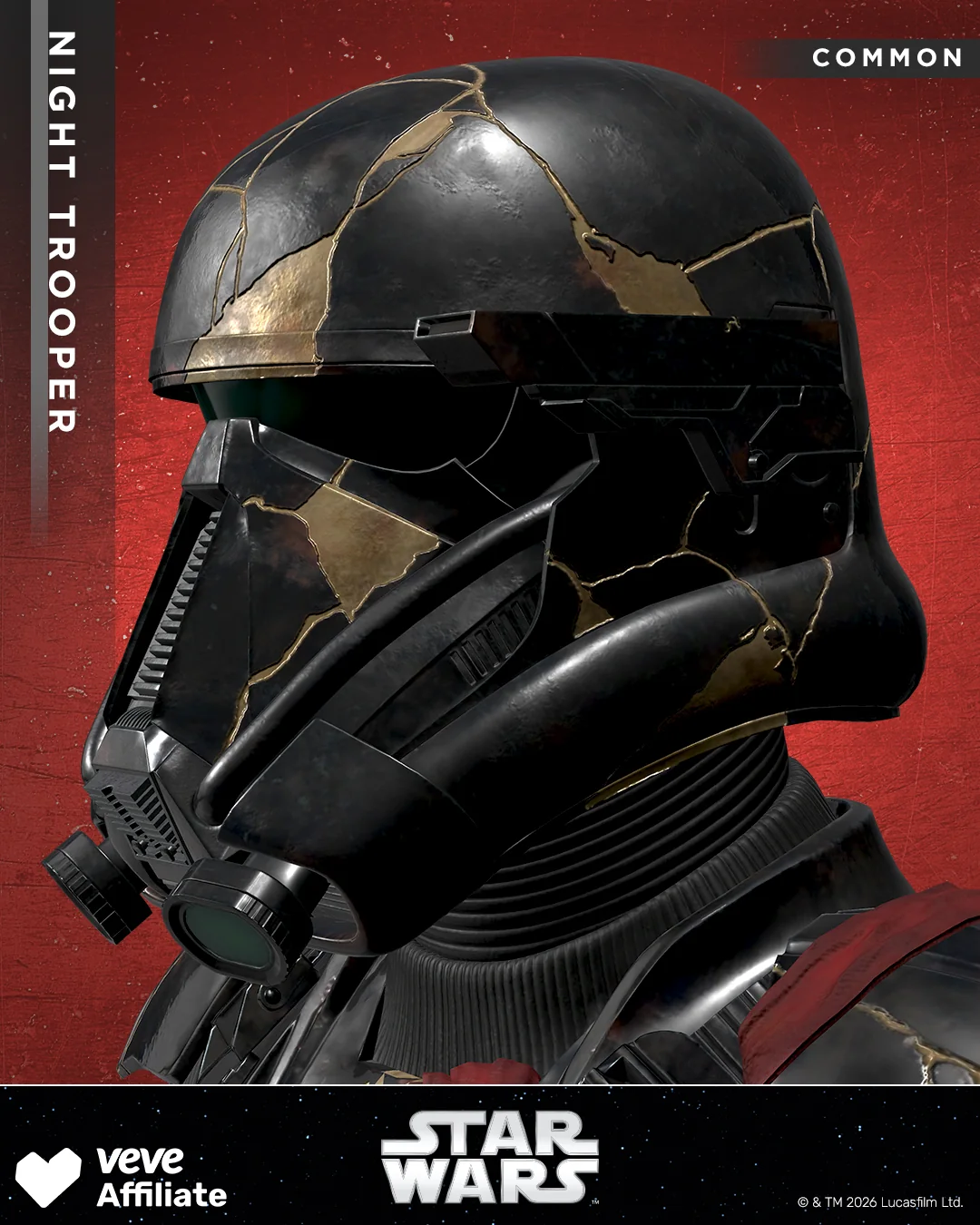 Nahaufnahme eines Star Wars Night Trooper Helms auf VeVe mit Common-Kennzeichnung und goldenen Rissen.