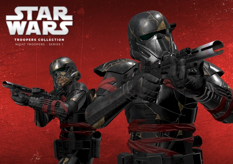 Star Wars Night Troopers S1 Key Visual auf VeVe mit zwei bewaffneten Troopern vor rotem Hintergrund.