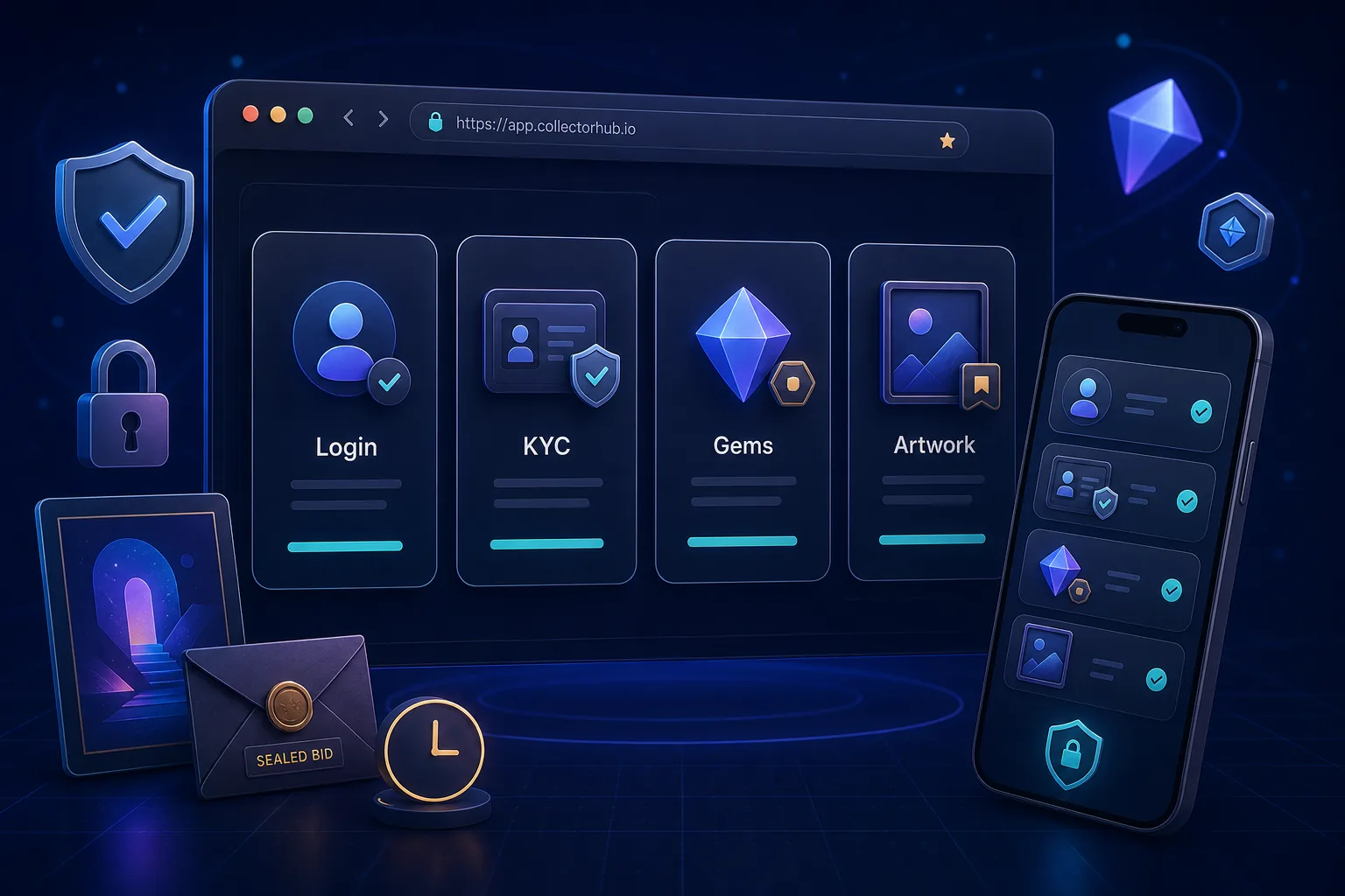Desktop-Browser mit Web-App-Dashboard, Smartphone und Karten für Login, KYC, Gems und Artwork bei VeVe