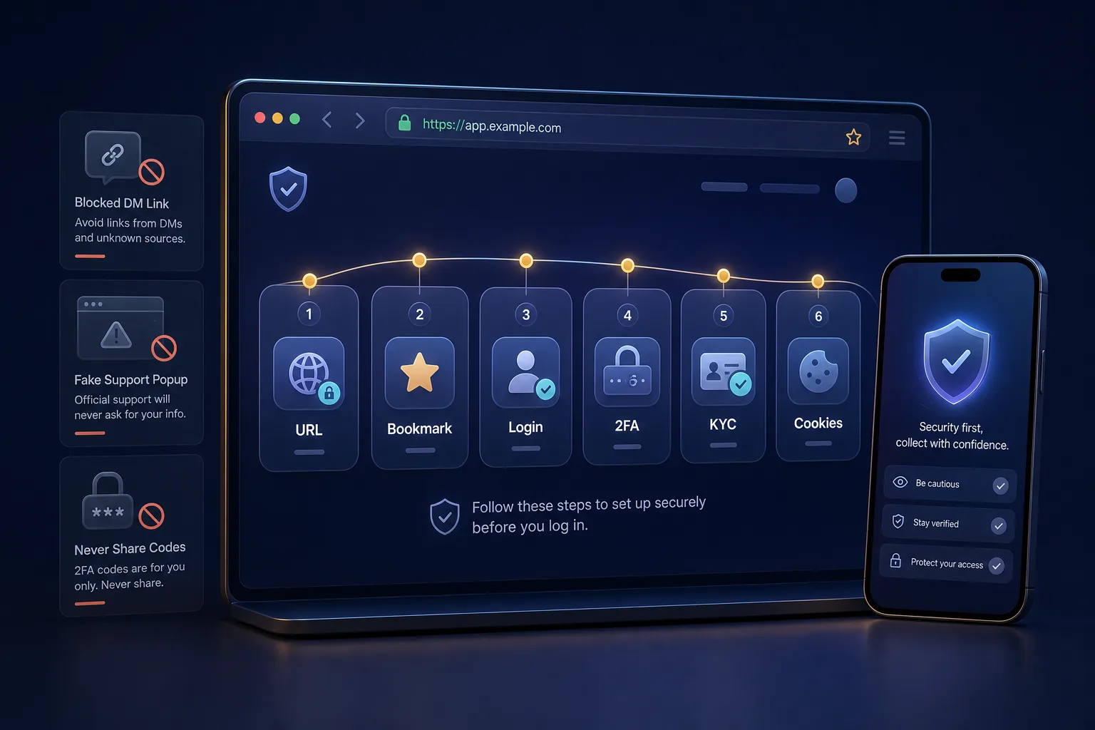 Sicherheits-Flow im Browser mit URL-Prüfung, Bookmark, Login, 2FA, KYC, Cookies und Warnkarten