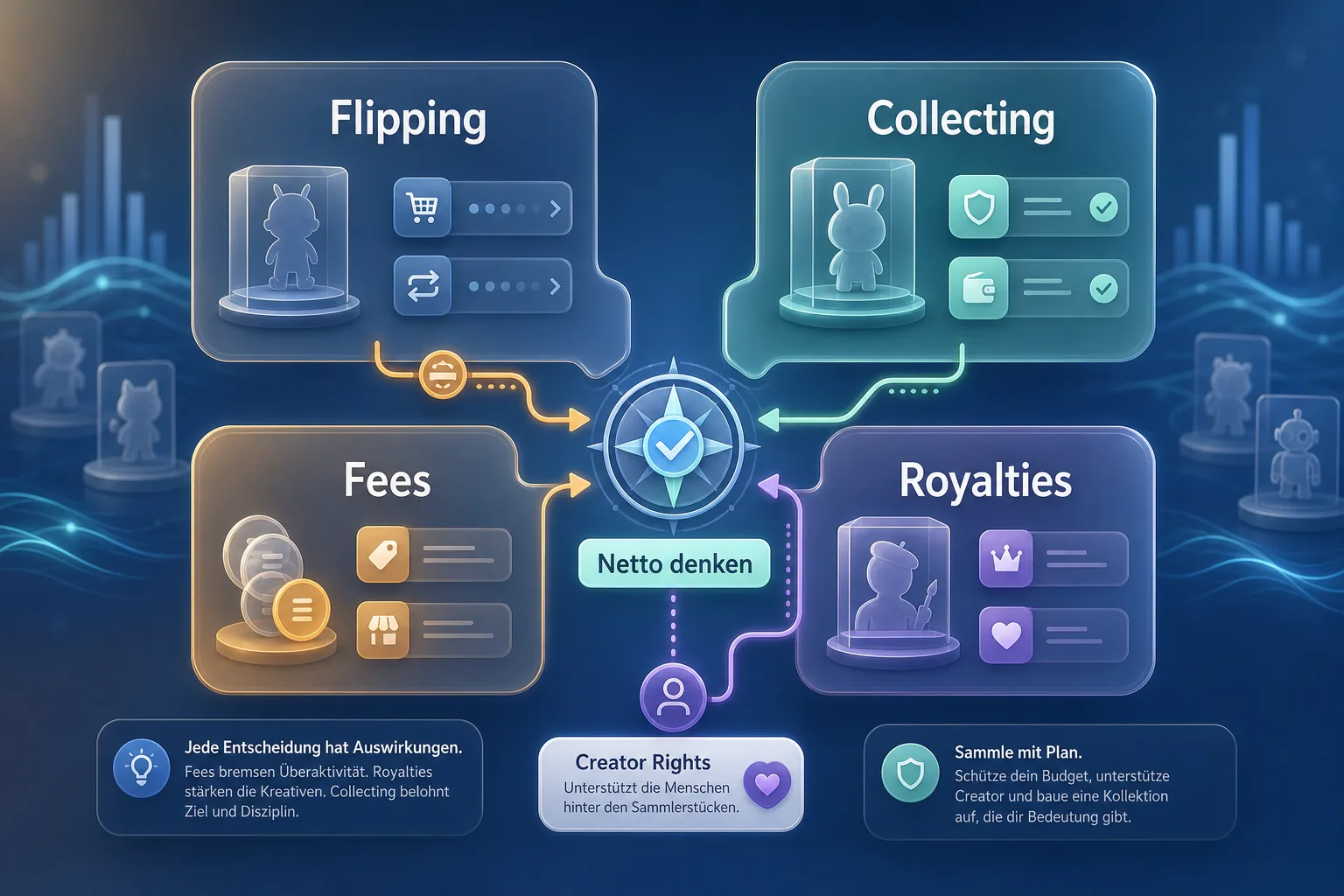 Vier-Zonen-Anreizkarte mit Flipping, Collecting, Fees und Royalties, verbunden durch Pfeile und Netto-Hinweis.