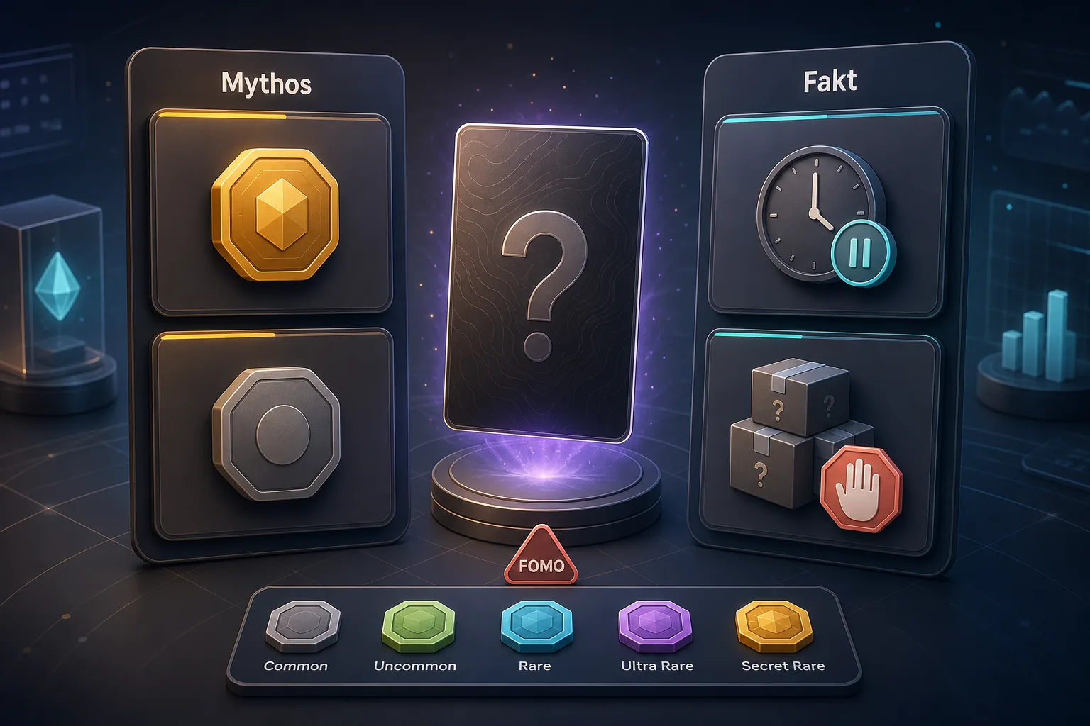 Mythos-vs-Fakt-Karten zu Secret Rare, Common, Soforthandeln und FOMO neben einer Blind Box