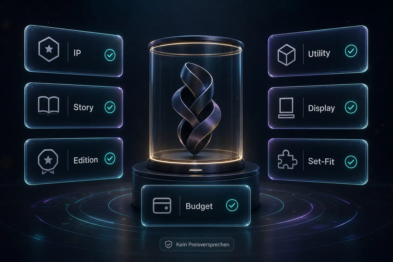 Neutrales Digital Collectible mit sieben Checkkarten zu IP, Story, Edition, Utility, Display, Set-Fit und Budget.