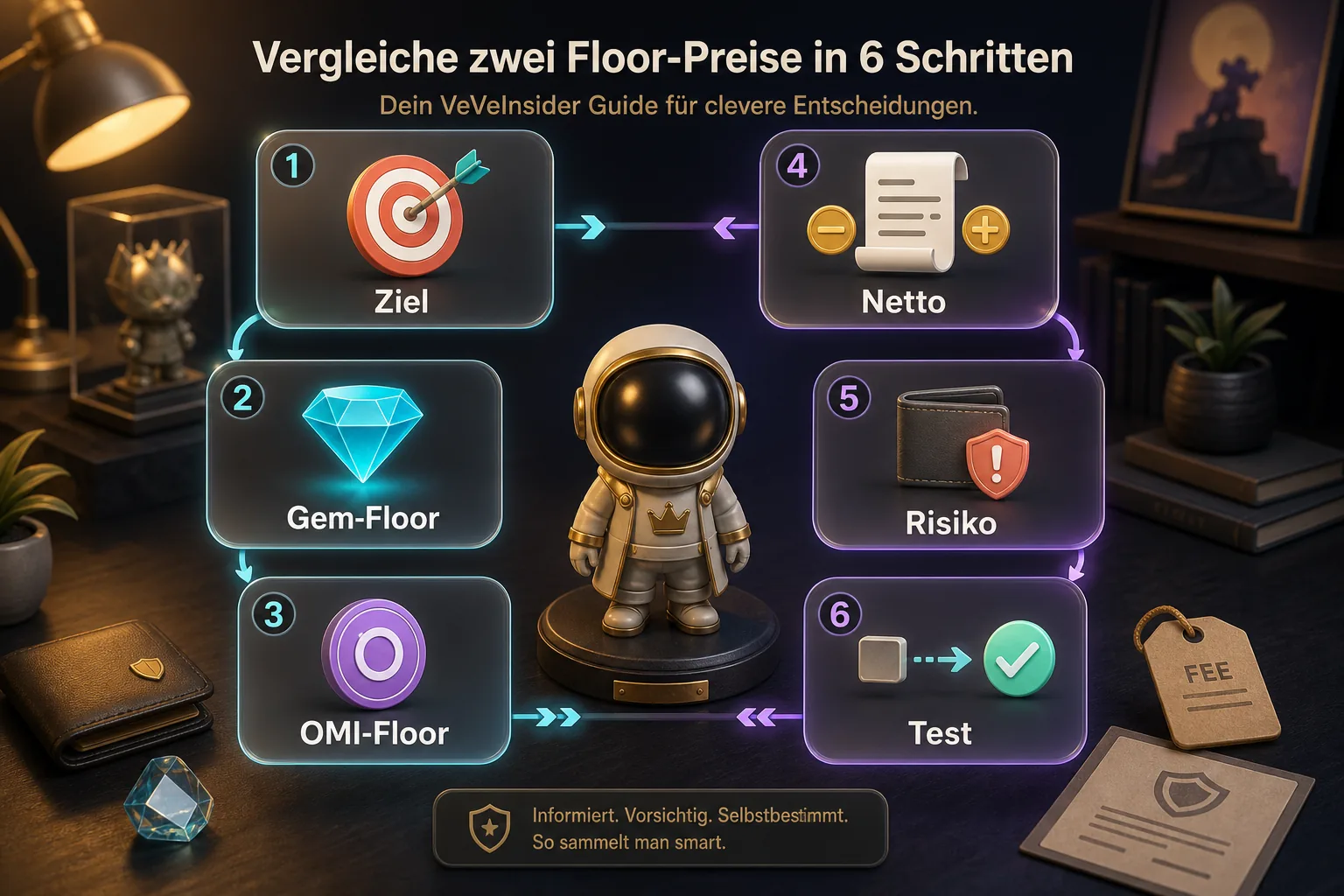 3D-Roadmap mit sechs Karten für Ziel, Gem-Floor, OMI-Floor, Netto, Risiko und Test.