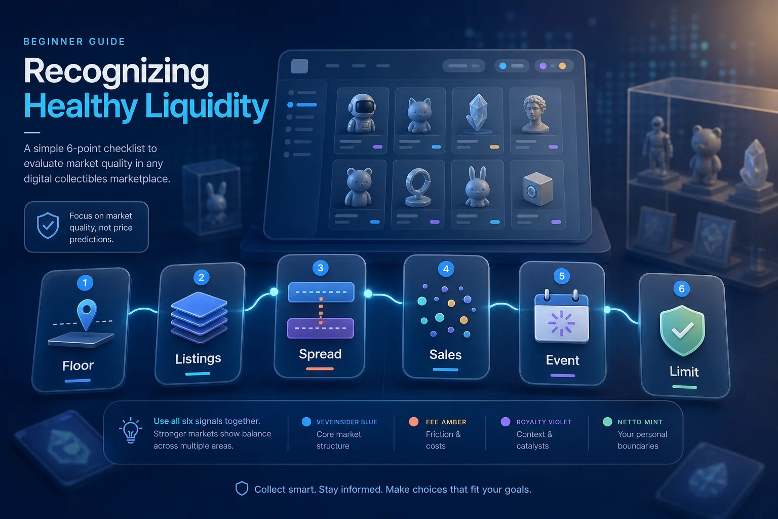 Sechsstufiger Liquidity-Check mit Floor, Listings, Spread, Sales, Event und Limit auf blauem UI-Dashboard.