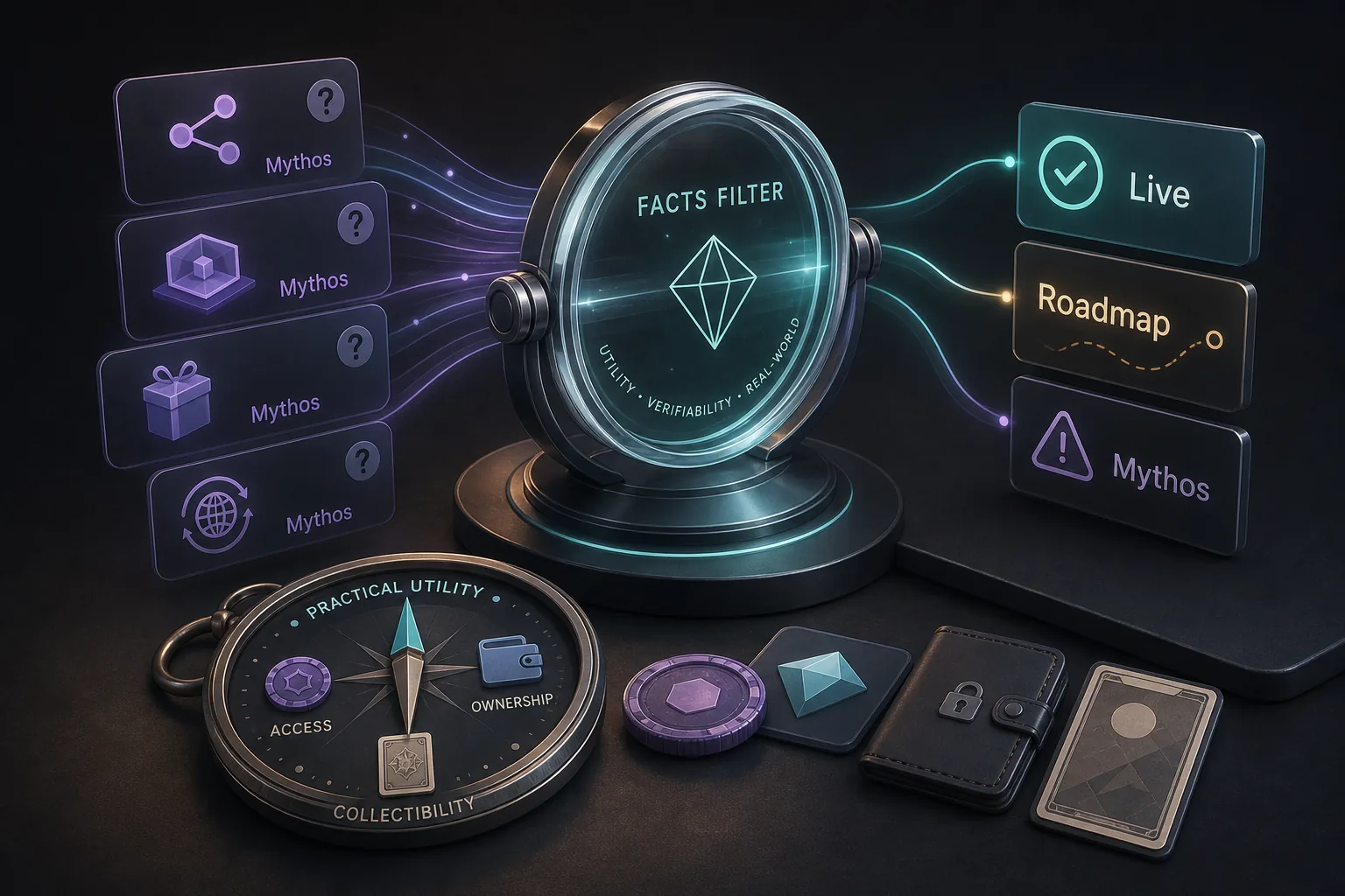 Glasfilter sortiert NFT-Utility-Karten in Live, Roadmap und Mythos neben Coin, Gem, Wallet und Collectible.
