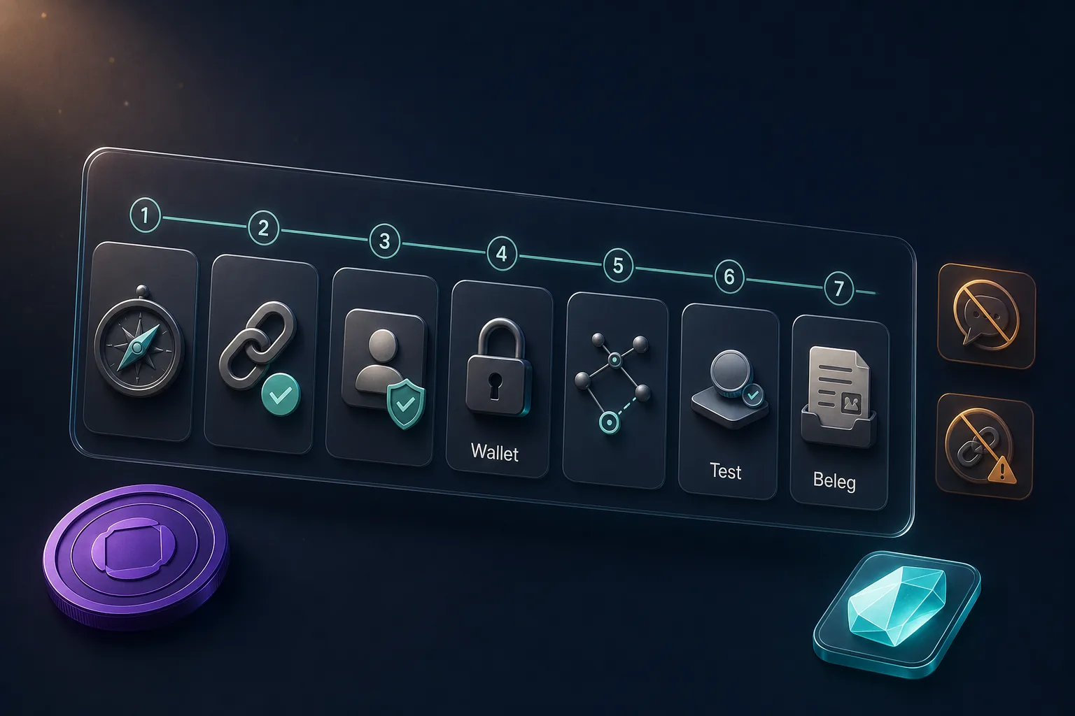 Checklisten-Panel vor OMI-Gems-Aktion mit Icons für Link, Account, Wallet, Netzwerk, Testbetrag und Belege.