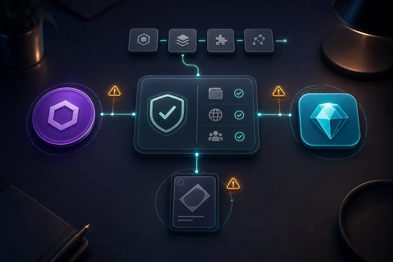 Dunkles Dashboard mit OMI-Chip, Gems-Kachel, StackR-Pfad und Collectible-Karte im VeVe-Kontext.