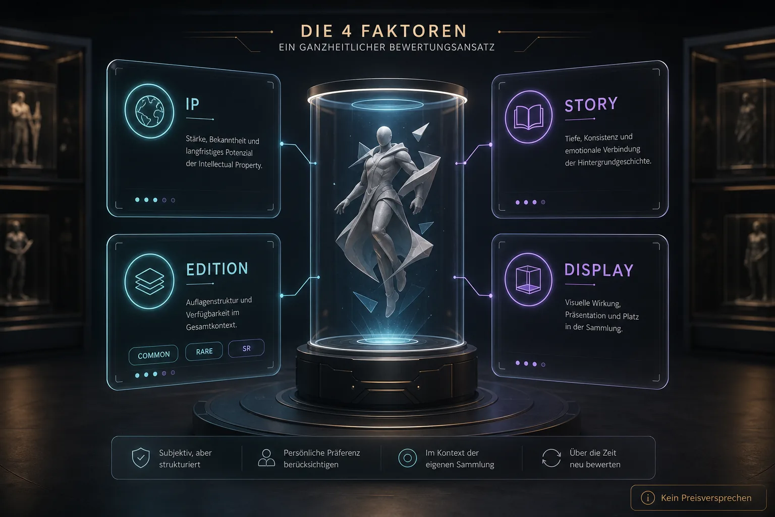 Holografische Matrix mit IP, Story, Edition und Display rund um ein neutrales VeVe-Collectible.