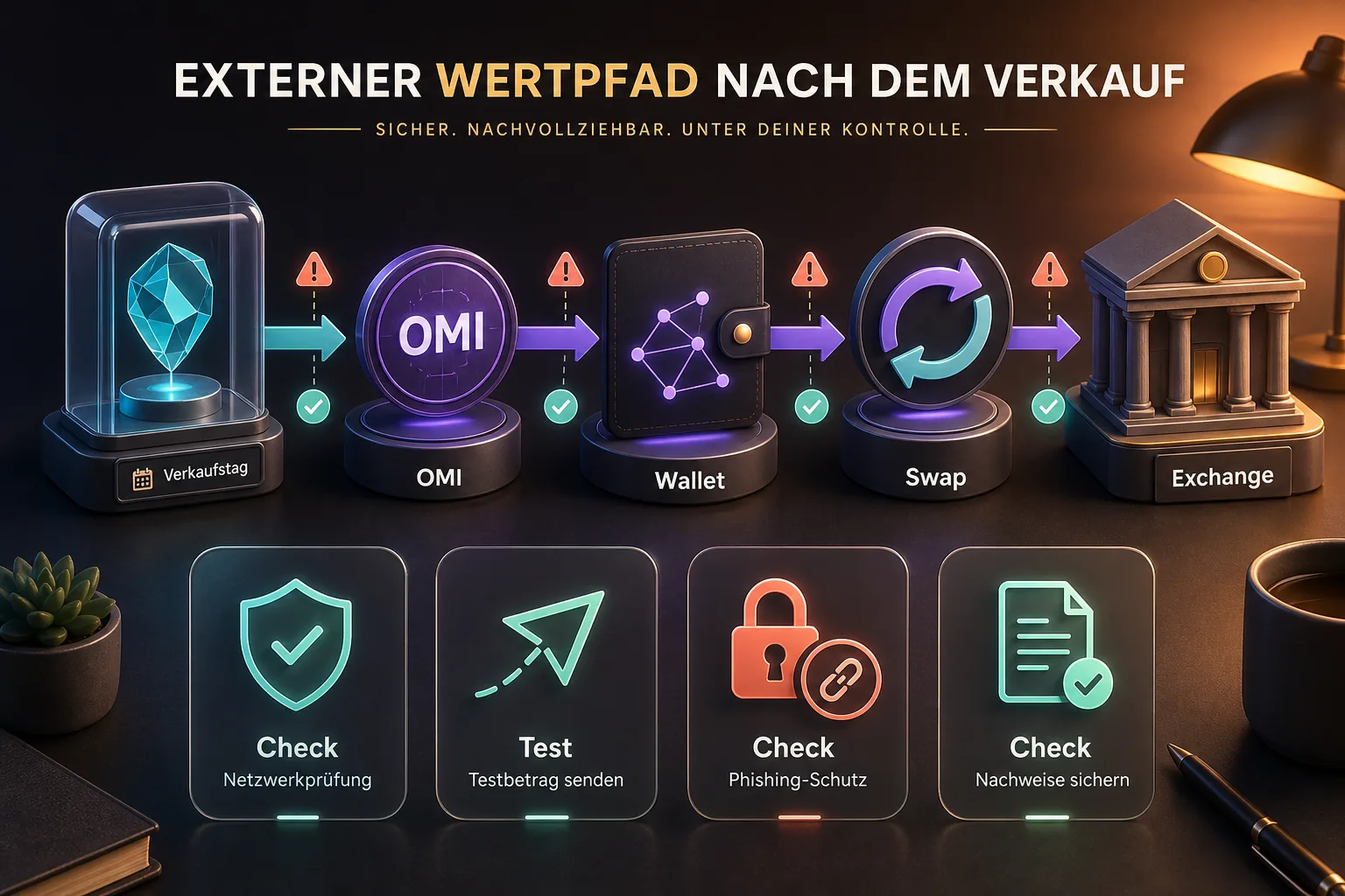 Pipeline-Grafik mit Collectible, OMI, Wallet, Swap und Exchange sowie Check-, Test- und Warnsymbolen.