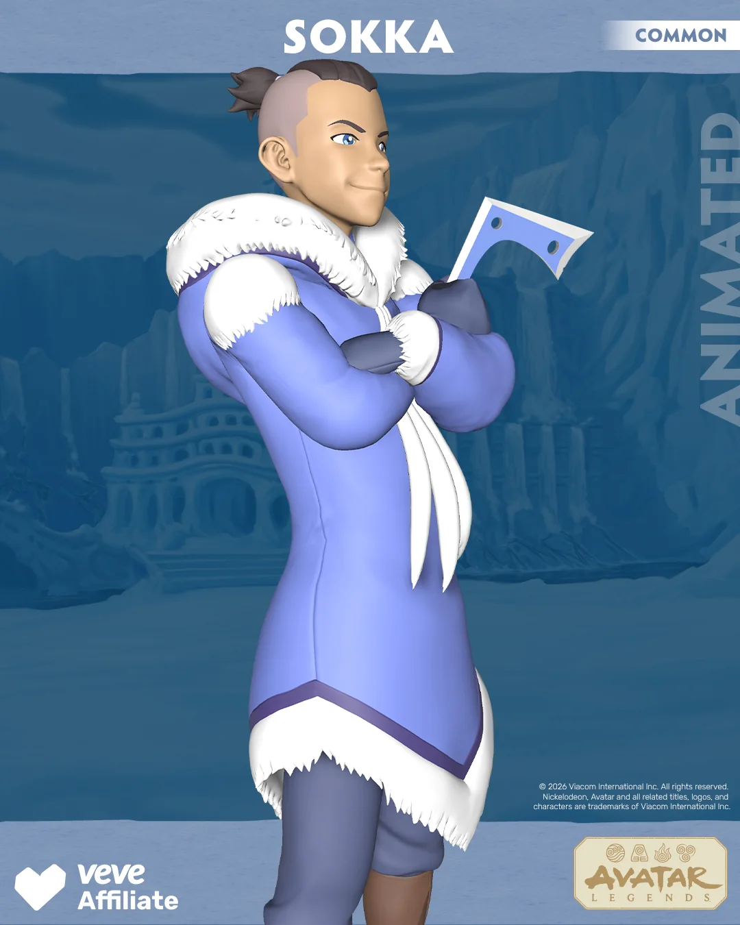 VeVe Avatar Sokka Common Collectible mit Boomerang vor blauem Eis-Hintergrund