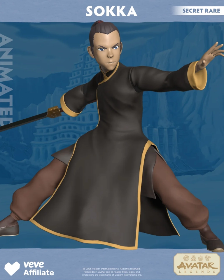 VeVe Avatar Sokka als animiertes Digital Collectible in schwarzem Outfit und dynamischer Kampfpose
