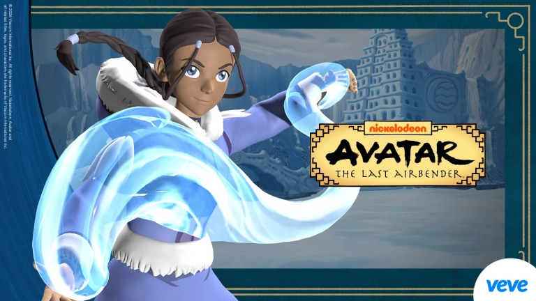 Katara aus Avatar The Last Airbender mit Wasserbändigung vor Eislandschaft und VeVe Branding