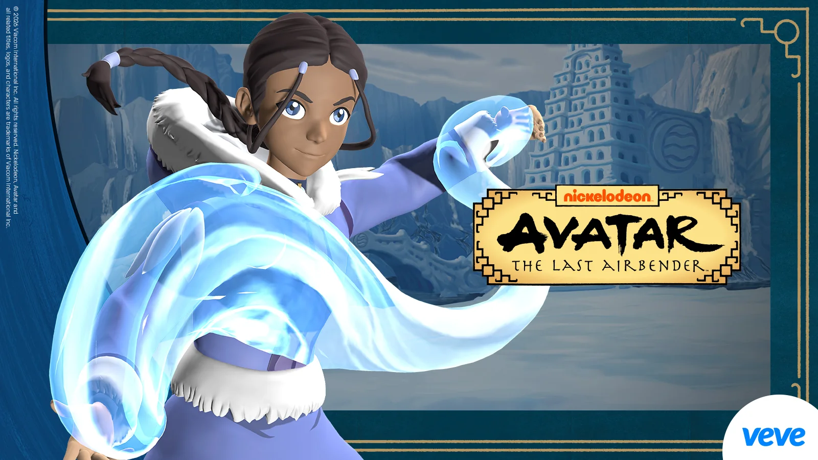 Katara aus Avatar The Last Airbender mit Wasserbändigung vor Eislandschaft und VeVe Branding