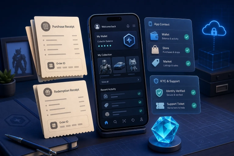 Smartphone mit Belegkarten, Gems-Symbol sowie Store-, Market- und Support-Karten auf blauem VeVe-Desk.