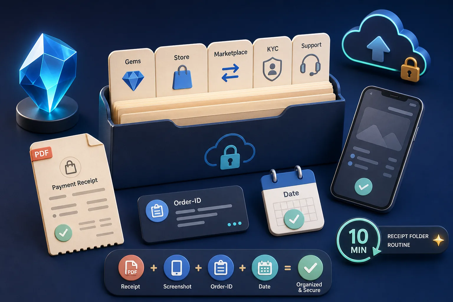 Digitale Belegmappe mit Tabs für Gems, Store, Marketplace, KYC und Support sowie PDF-Receipt.