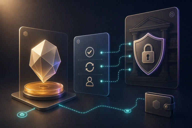 Drei Ebenen mit digitalem Collectible, Lizenzkarte und IP-Schild im VeVe-Legal-Tech-Stil.