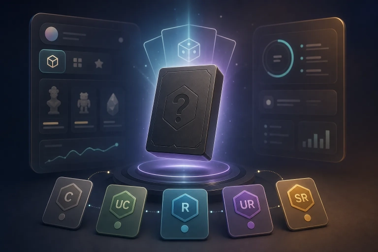 Geschlossene Mystery-Karte mit Rarity-Chips und Reveal-Leuchten in einer generischen VeVe-App-Ansicht