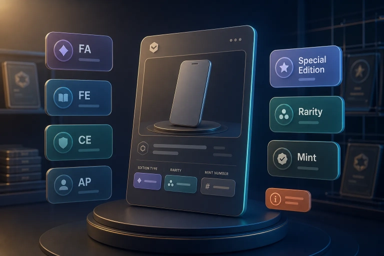 Smartphone-Listing mit Chips für FA, FE, CE, AP, Rarity und Mint in einem VeVe-Dashboard.
