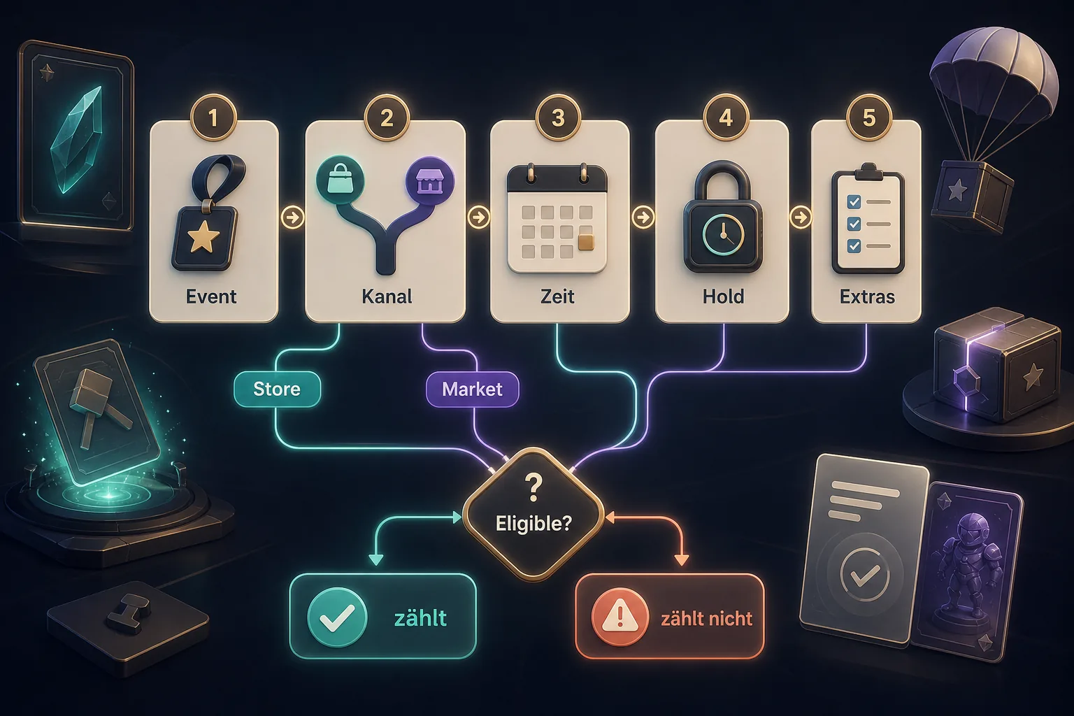 Flowchart mit Karten für Event, Kanal, Zeit, Hold und Extras vor einer Eligible-Abfrage bei VeVe.