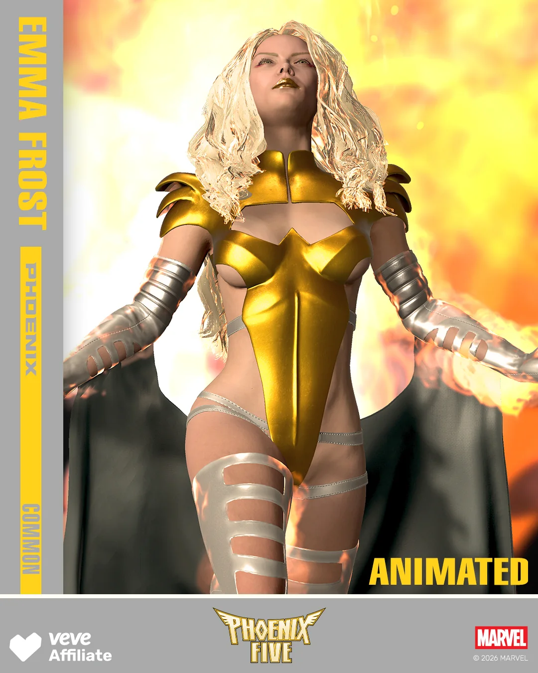 Emma Frost Phoenix Five als animiertes VeVe Collectible in goldener Phoenix-Rüstung mit Common-Hinweis.