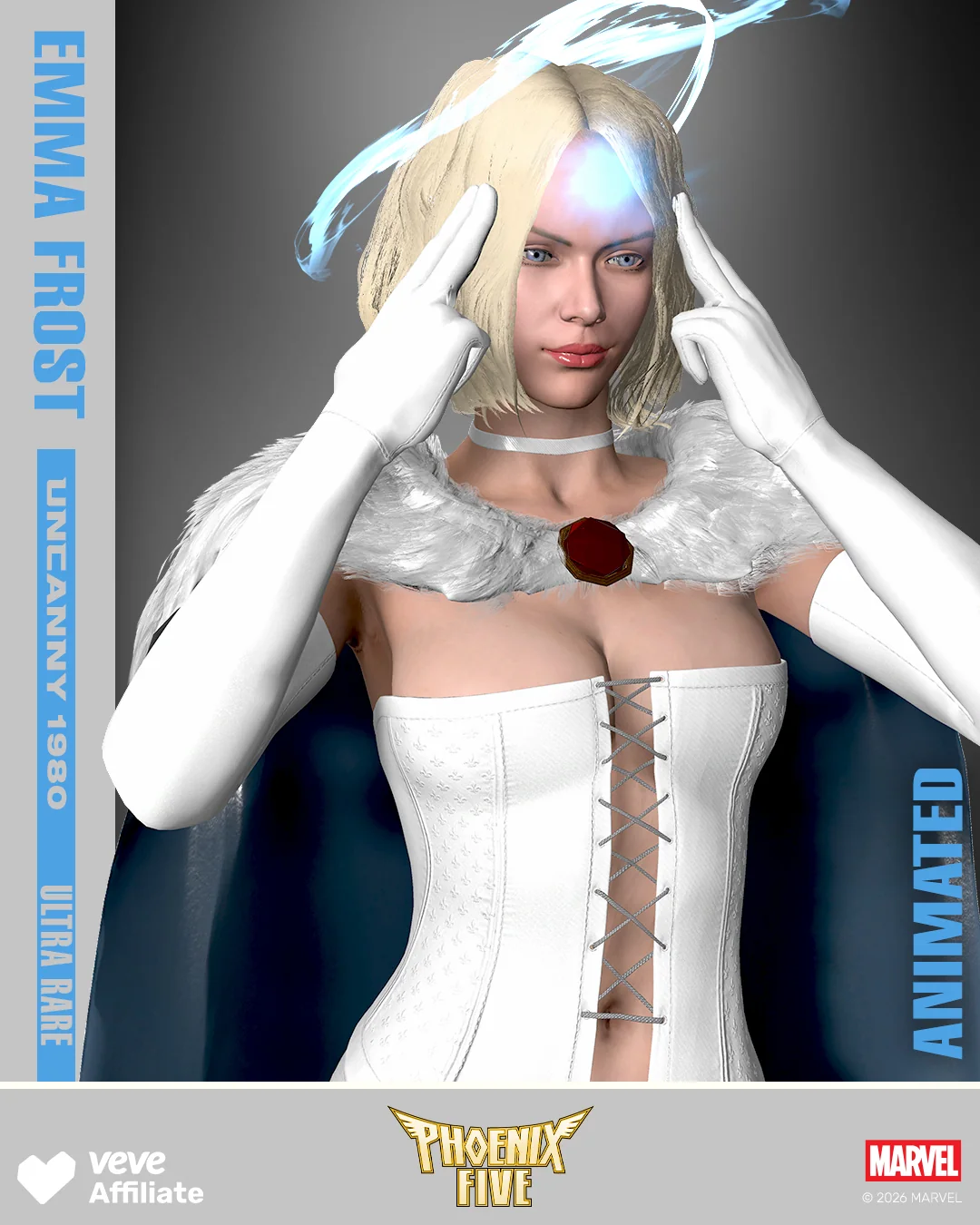 Emma Frost Uncanny 1980 Collectible in weißem Outfit mit blauem Telepathie-Effekt und Ultra-Rare-Hinweis.