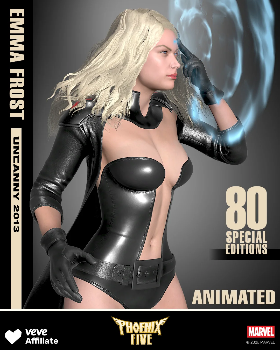 Emma Frost Uncanny 2013 in schwarzem Outfit mit blauem Energieeffekt und Hinweis auf 80 Special Editions.