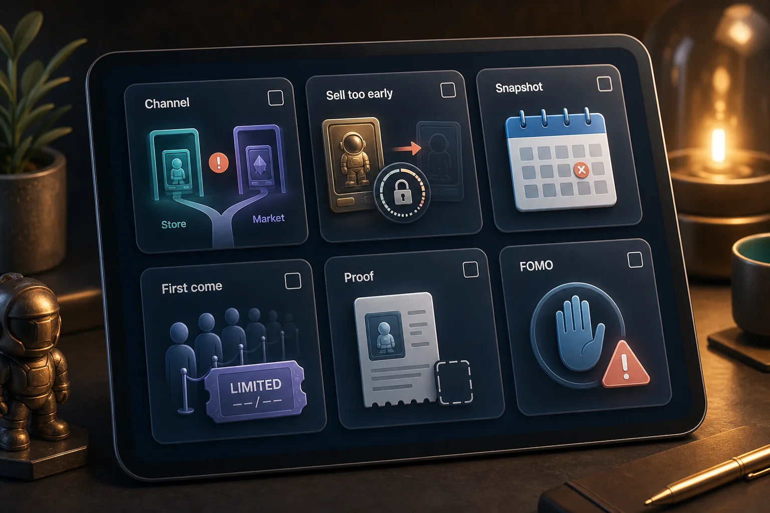 Tablet-Dashboard mit sechs Checkkarten zu Channel, frühem Verkauf, Snapshot, First come, Proof und FOMO.