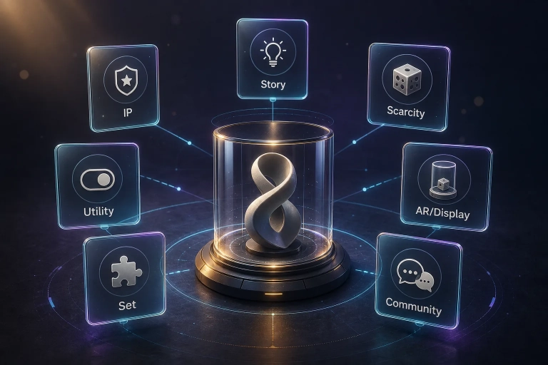 Generisches Digital Collectible im Display-Pod mit sieben schwebenden Kriterienkarten für ein VeVe-Framework.