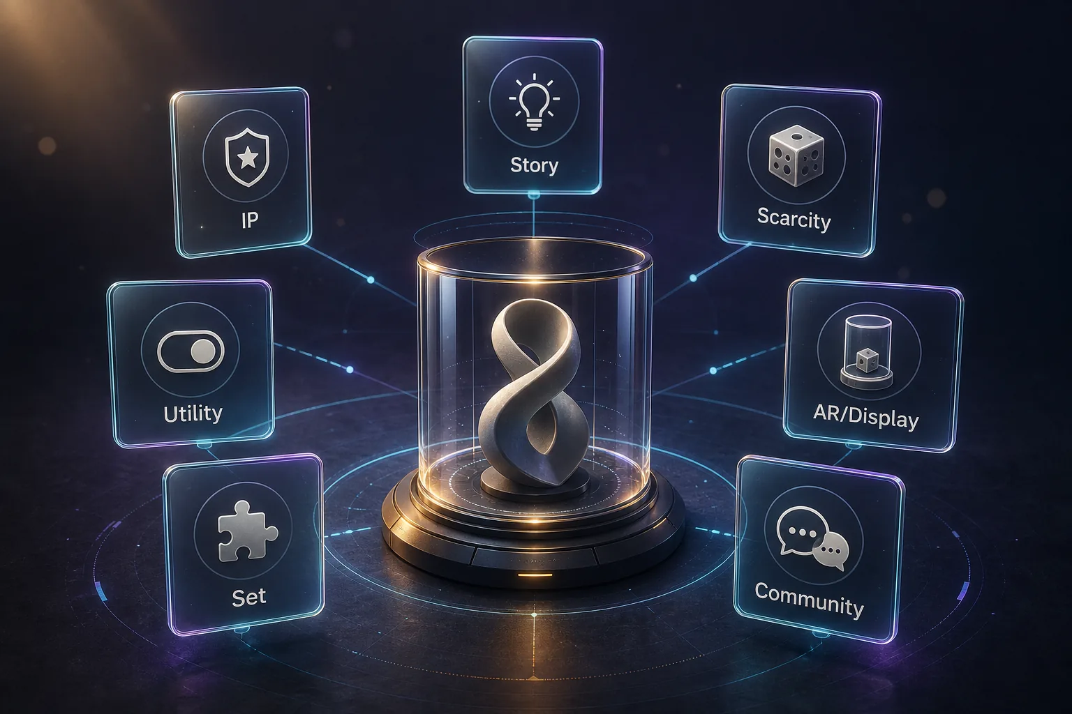 Generisches Digital Collectible im Display-Pod mit sieben schwebenden Kriterienkarten für ein VeVe-Framework.