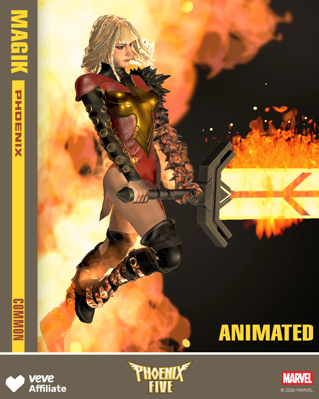 Magik als Phoenix-Five-Collectible mit Flammenschwert, Common-Hinweis und Animated-Label.