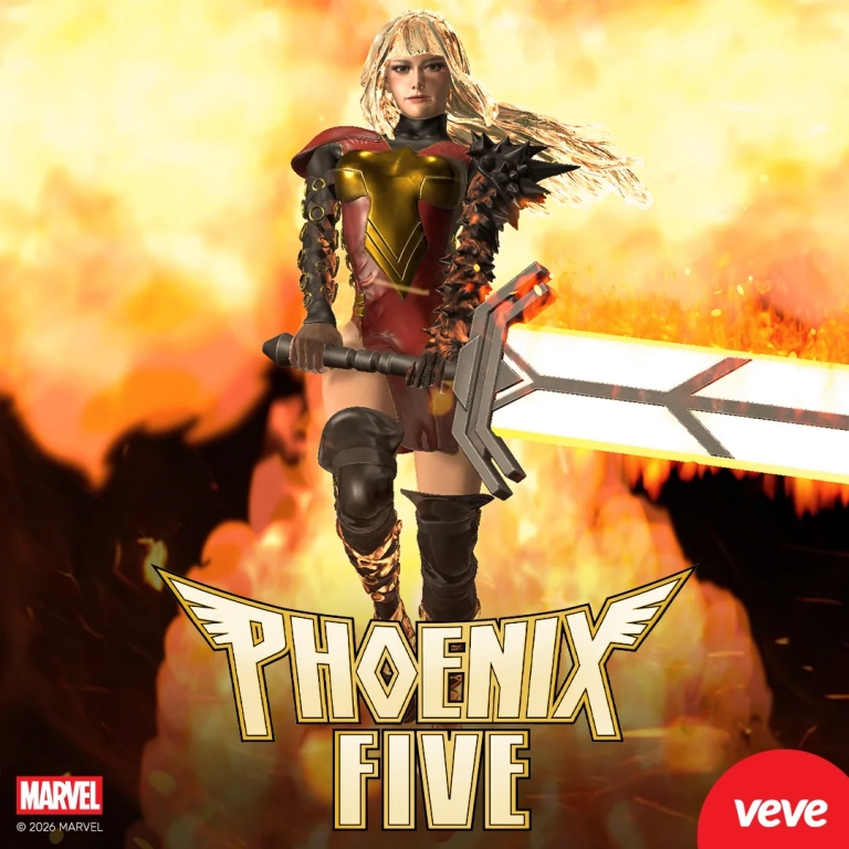 Marvel Magik im Phoenix-Five-Look mit Flammenschwert vor Feuerhintergrund und VeVe-Logo.