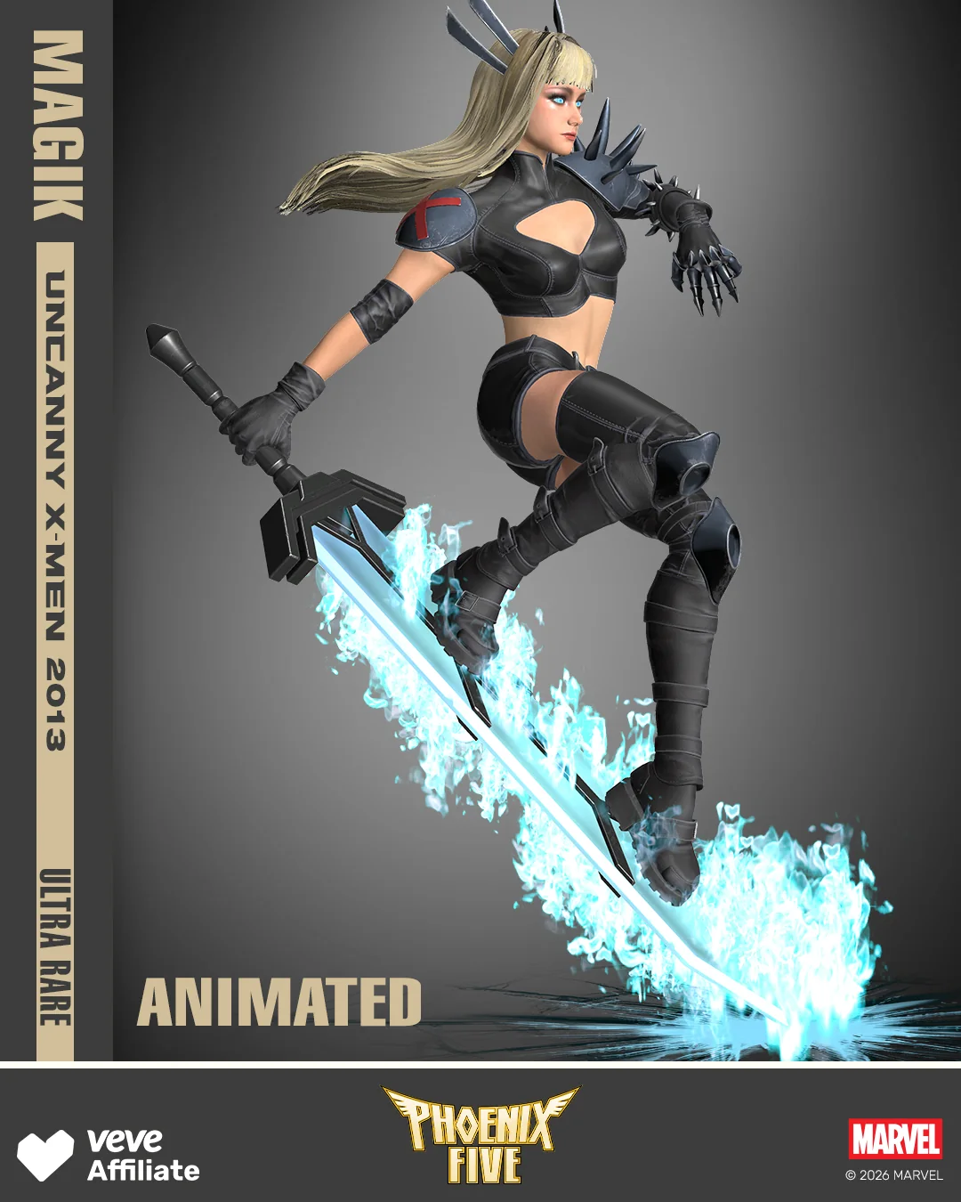 Magik in schwarzem Outfit mit blau brennendem Schwert, Ultra-Rare- und Animated-Hinweis.