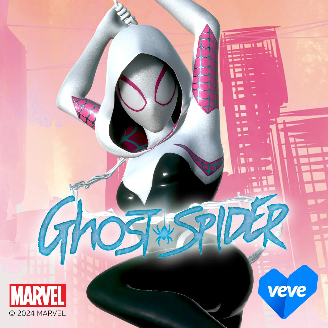 Ghost-Spider von Marvel als VeVe Digital Collectible vor pinkem Stadt-Hintergrund mit Logo.
