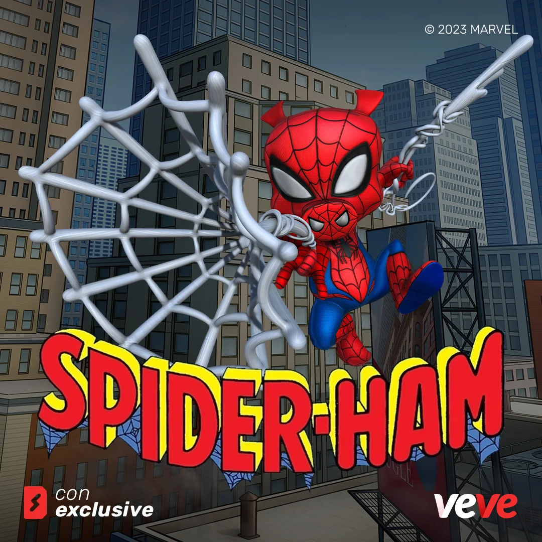 Spider-Ham von Marvel als VeVe Exclusive Collectible mit Netz vor Comic-Stadtlandschaft.