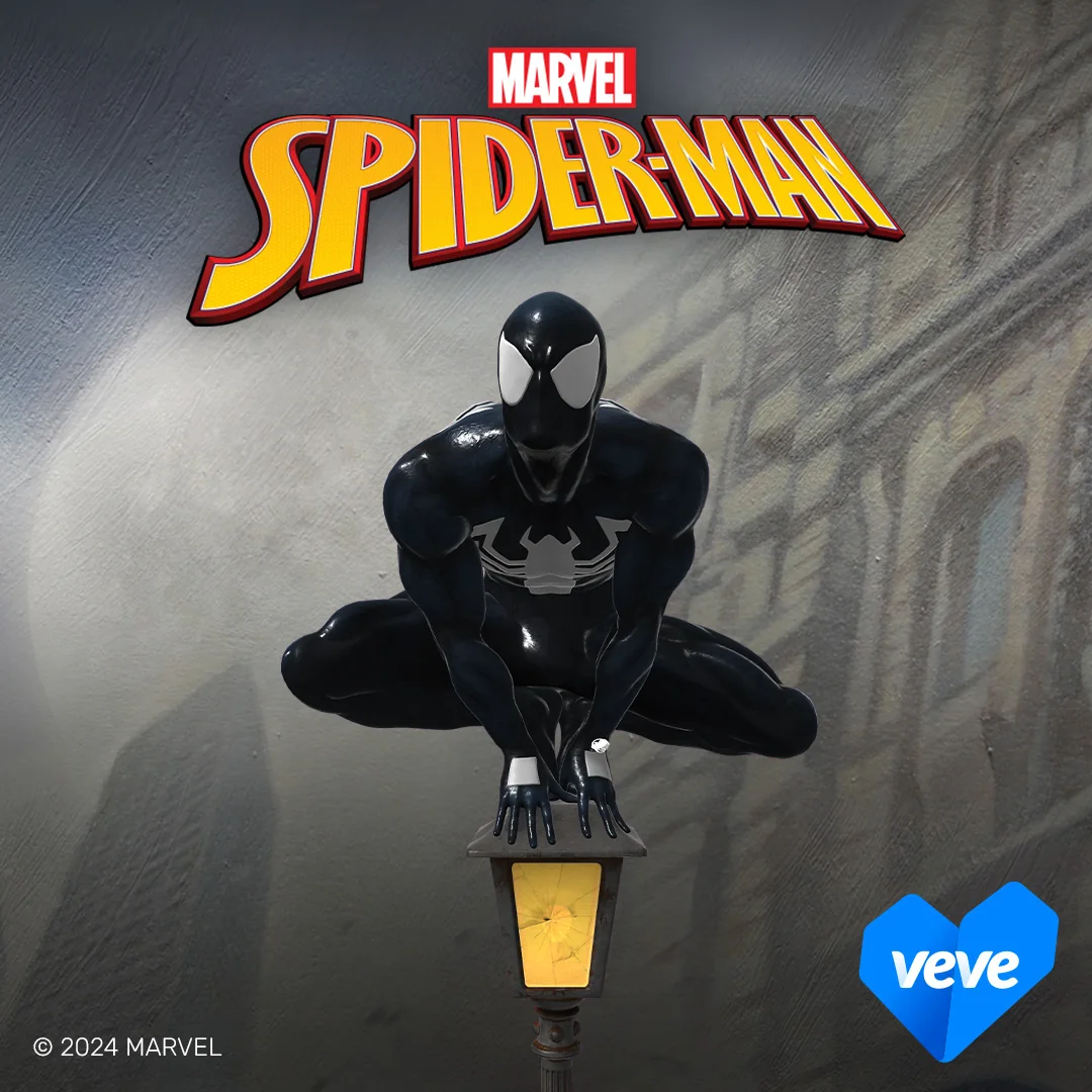 Marvels Symbiote Spider-Man als VeVe Digital Collectible im schwarzen Anzug auf einer Laterne.
