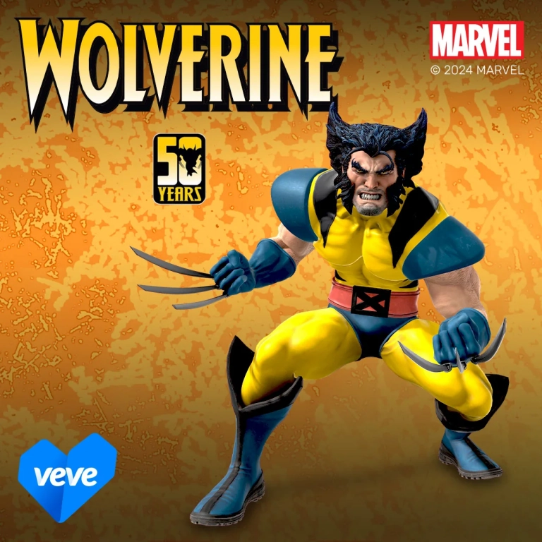 Marvel Wolverine als VeVe Collectible im blau-gelben Anzug mit Krallen und 50-Years-Branding