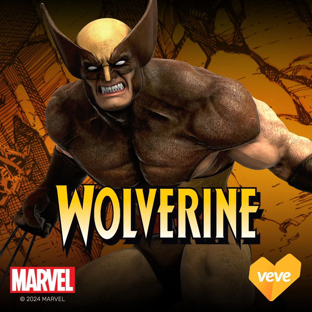 Marvel Wolverine Brown Suit als VeVe Collectible im braun-goldenen Anzug vor Comic-Hintergrund