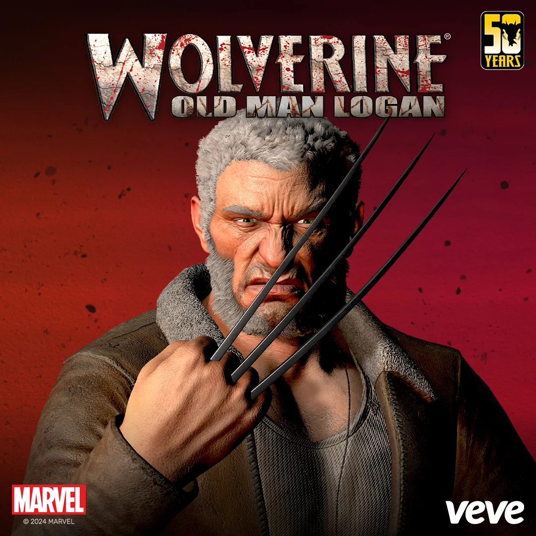 Marvel Wolverine Old Man Logan als VeVe Collectible mit grauem Haar, Mantel und erhobenen Krallen