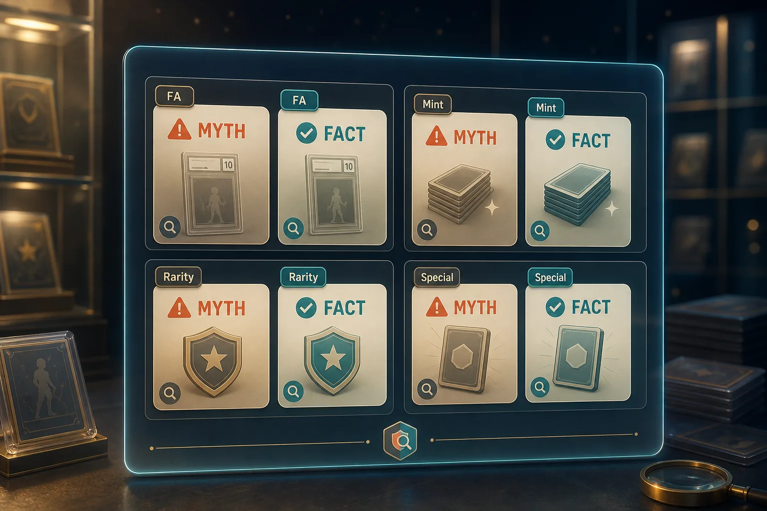 Mythos-vs-Fakt-Dashboard mit Karten zu FA, Mint, Rarity und Special Edition für VeVe.