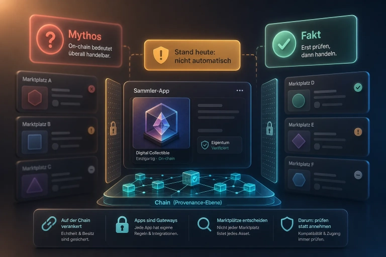 3D-Infografik mit App-Karte, Chain-Ebene, getrennten Marktplatz-Karten und Mythos-Fakt-Badge zu VeVe.