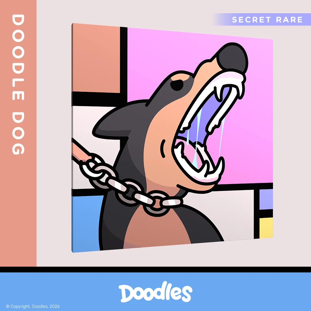 Doodle Dog als Secret Rare Motiv aus Piet Mondrian x Doodles vor farbigem Rasterhintergrund